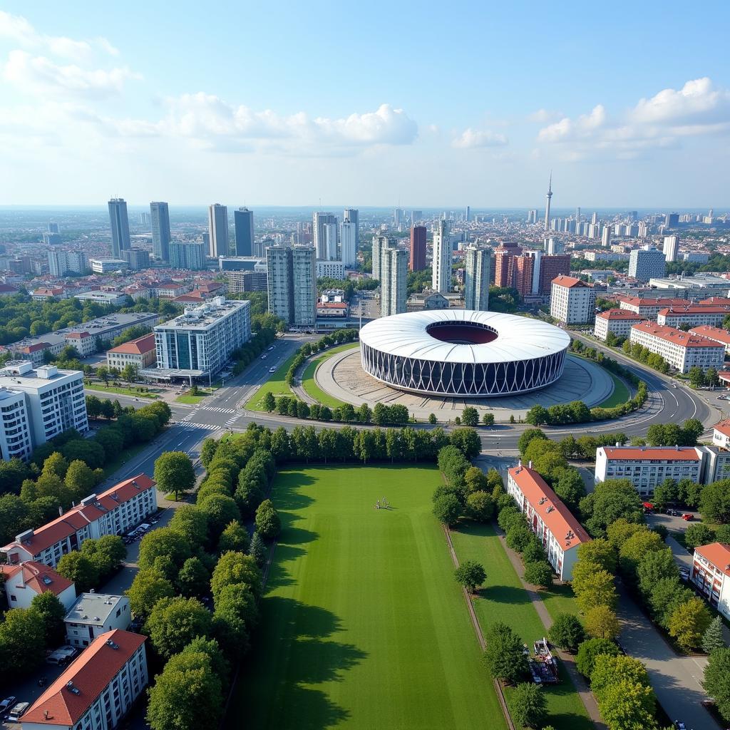 Panoramablick auf die Stadt Leverkusen mit dem BayArena im Hintergrund.