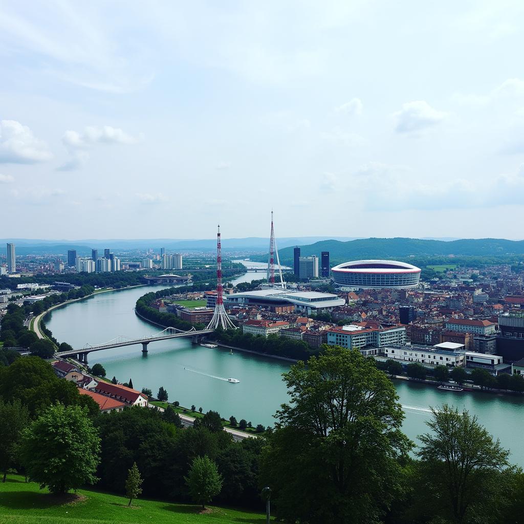 Panoramablick auf Leverkusen mit dem Rhein und der BayArena im Hintergrund