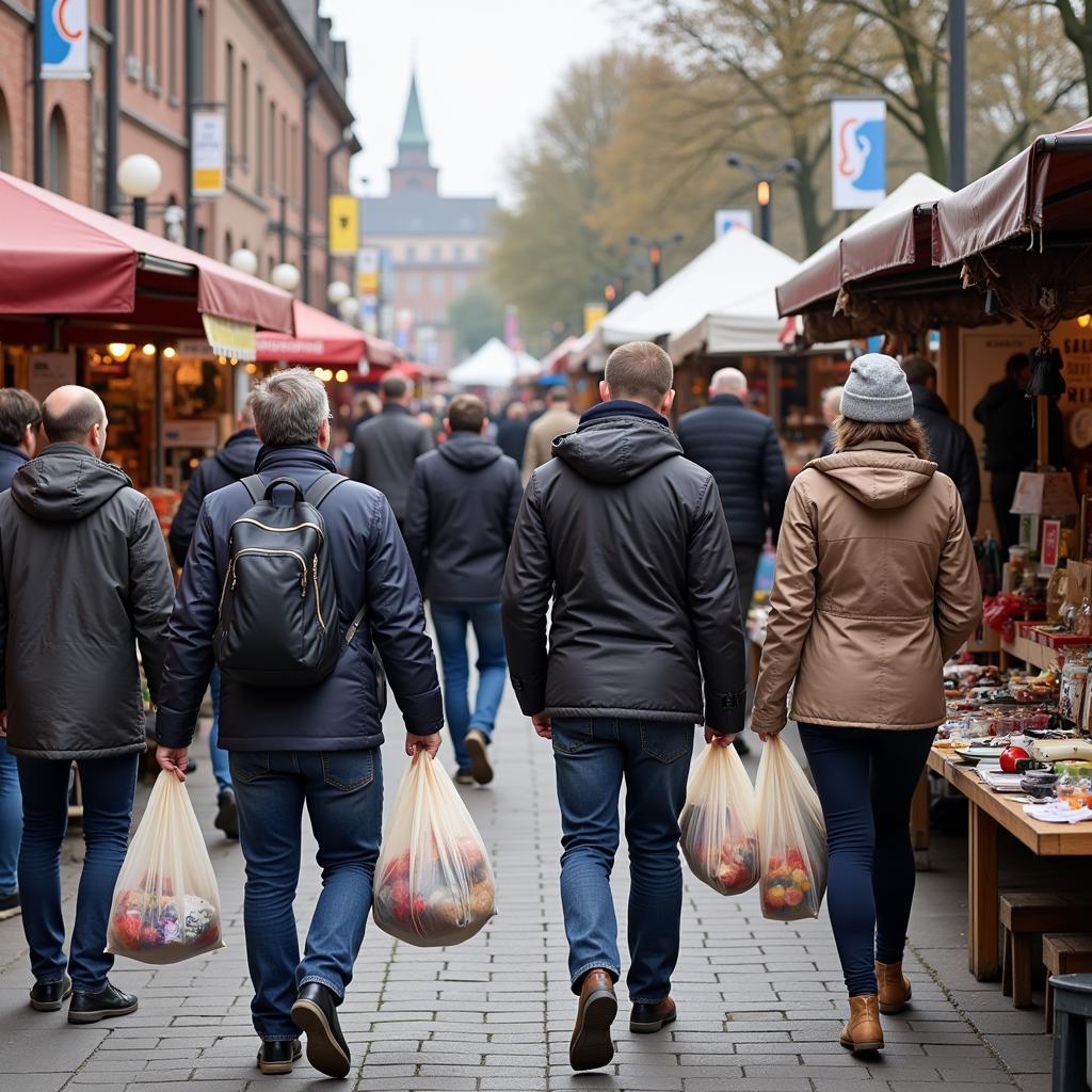 Besucher mit Taschen auf dem Trödelmarkt in Leverkusen