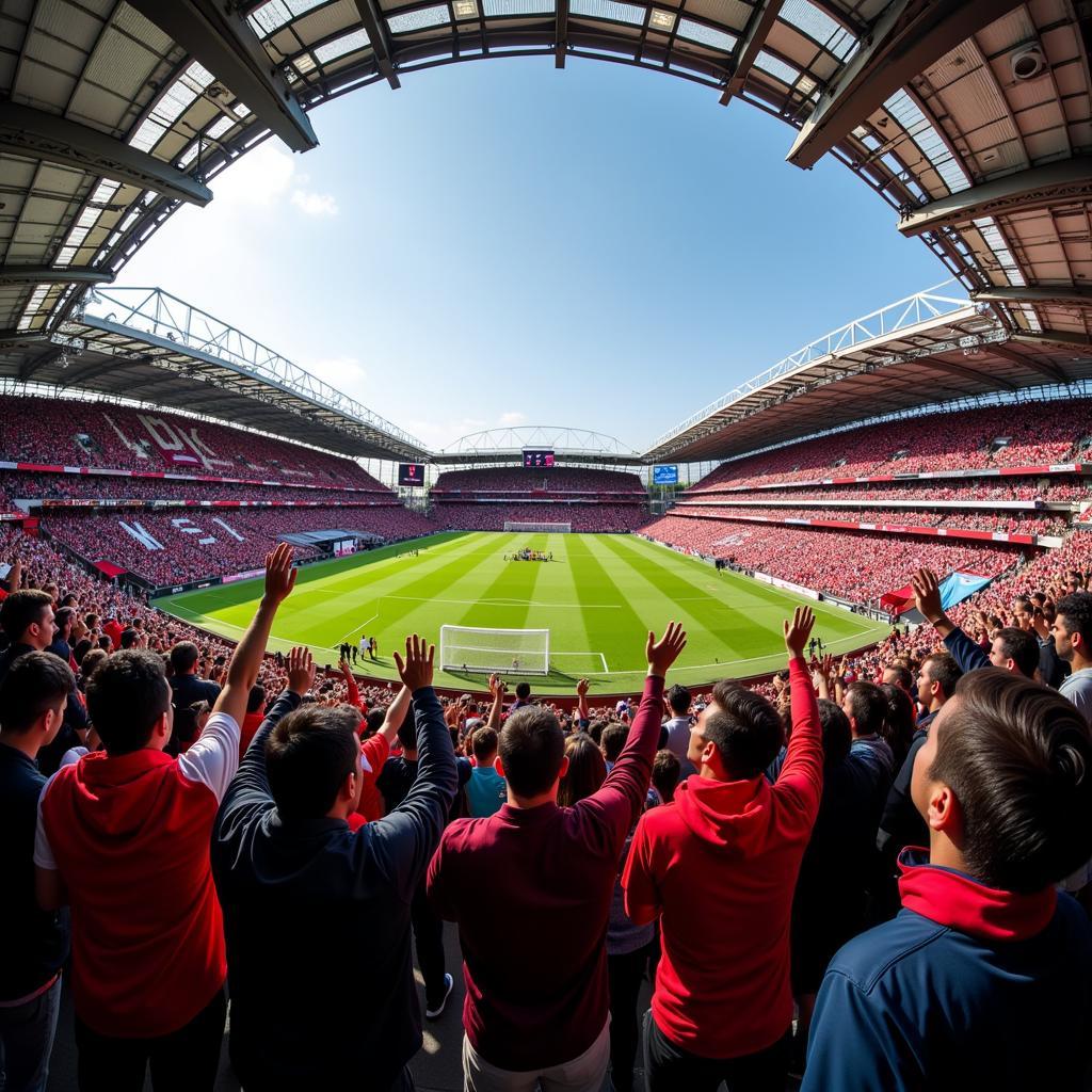 Leverkusen- und West Ham-Fans schauen das Spiel im Stadion.