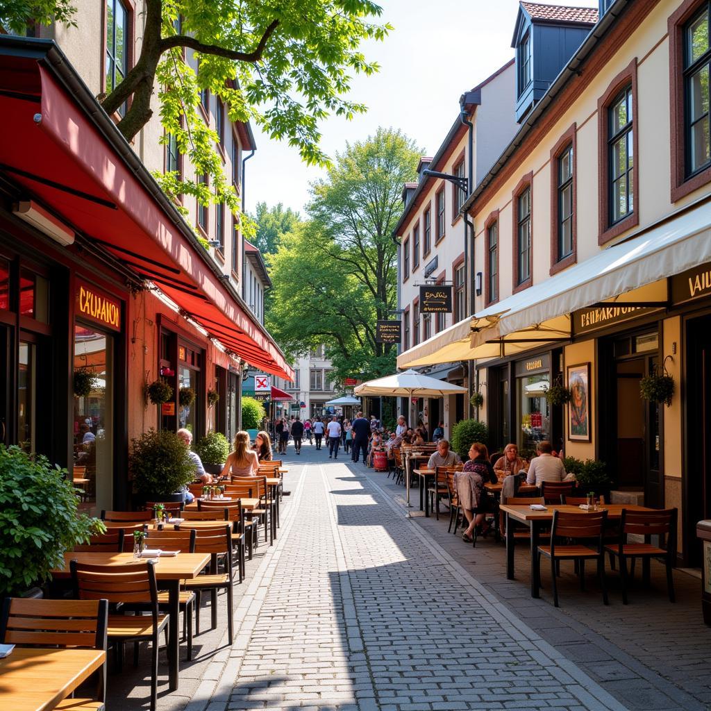 Leverkusen Wiesdorf Restaurant Straße:  Eine belebte Straße mit verschiedenen Restaurants und Cafés.