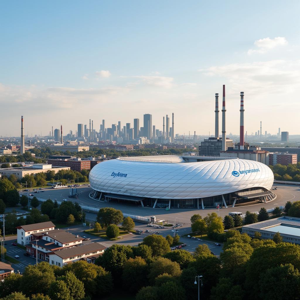 Blick auf die Skyline von Leverkusen mit der BayArena im Vordergrund. Im Hintergrund sind Industrieanlagen zu sehen.