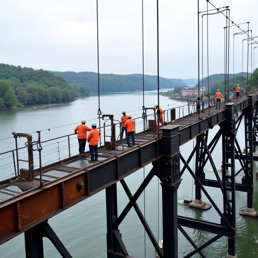 Arbeiter führen Instandhaltungsarbeiten an der Leverkusener Brücke durch, mit Blick auf die Stahlkonstruktion und den Rhein.