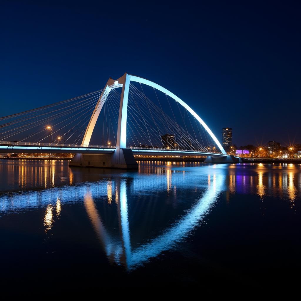 Nachtansicht der erleuchteten Leverkusener Brücke