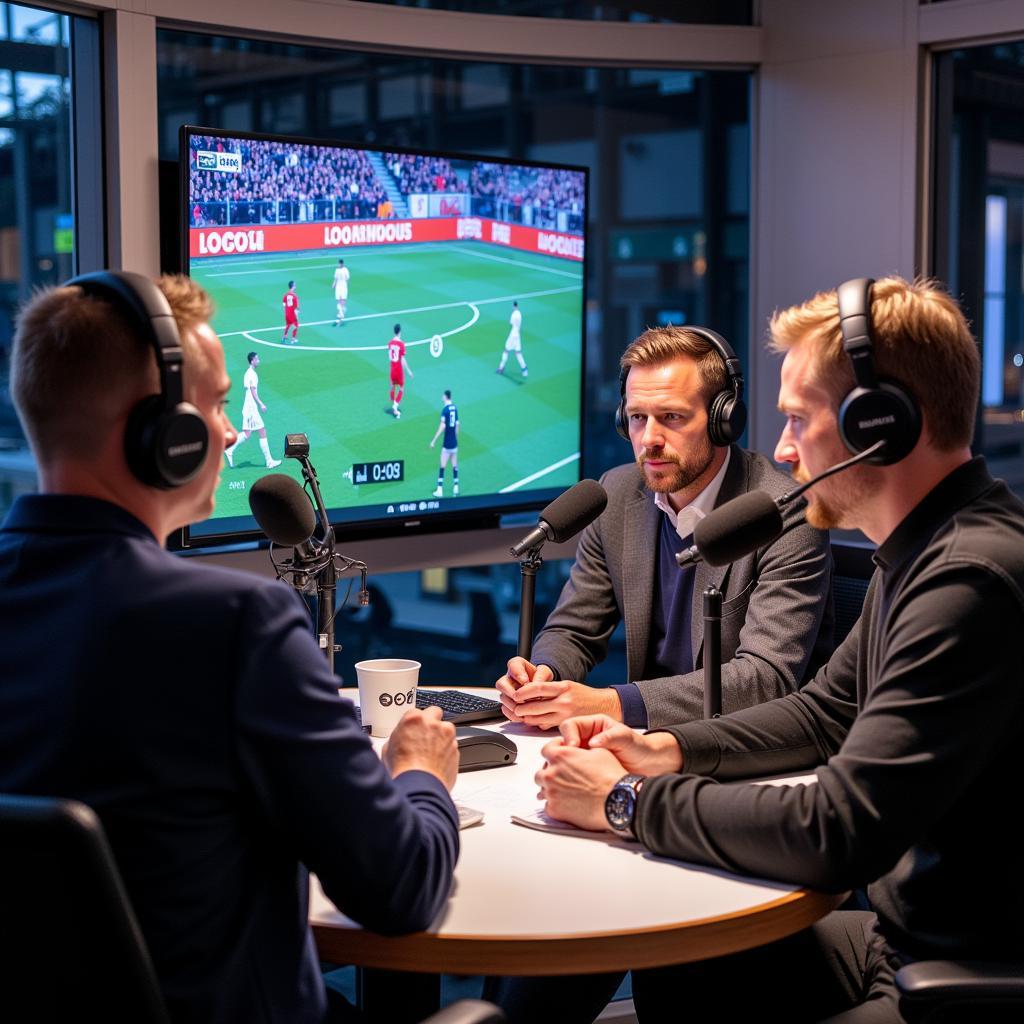 Live-Radio-Studio mit Experten, die ein Bayer 04 Leverkusen Spiel analysieren.