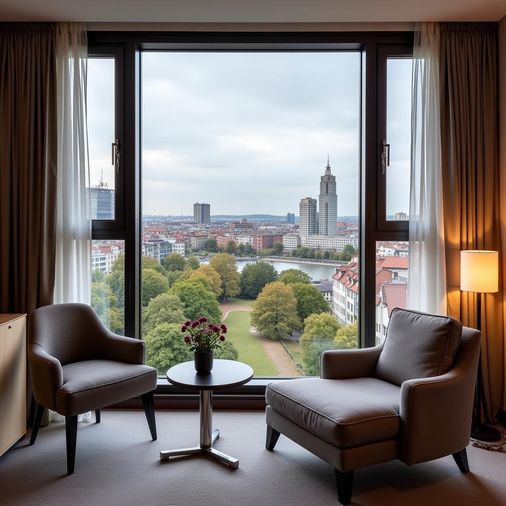 Luxuriöses Hotelzimmer in einem 5-Sterne-Hotel in Leverkusen mit Blick auf die Stadt.