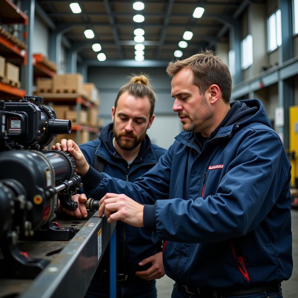 Ein Auszubildender zum Mechaniker in Leverkusen lernt an einer Maschine.