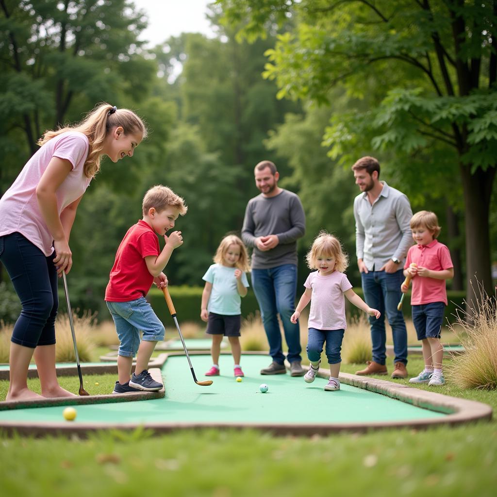 Minigolfplatz in Leverkusen mit lachenden Kindern und Eltern