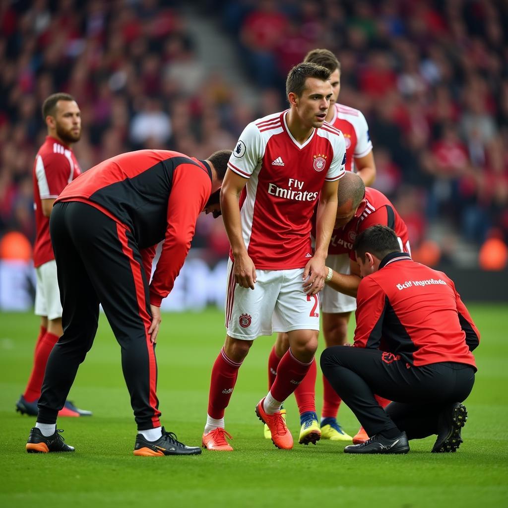 Mitchell Bakker verletzt im Trikot von Bayer Leverkusen.