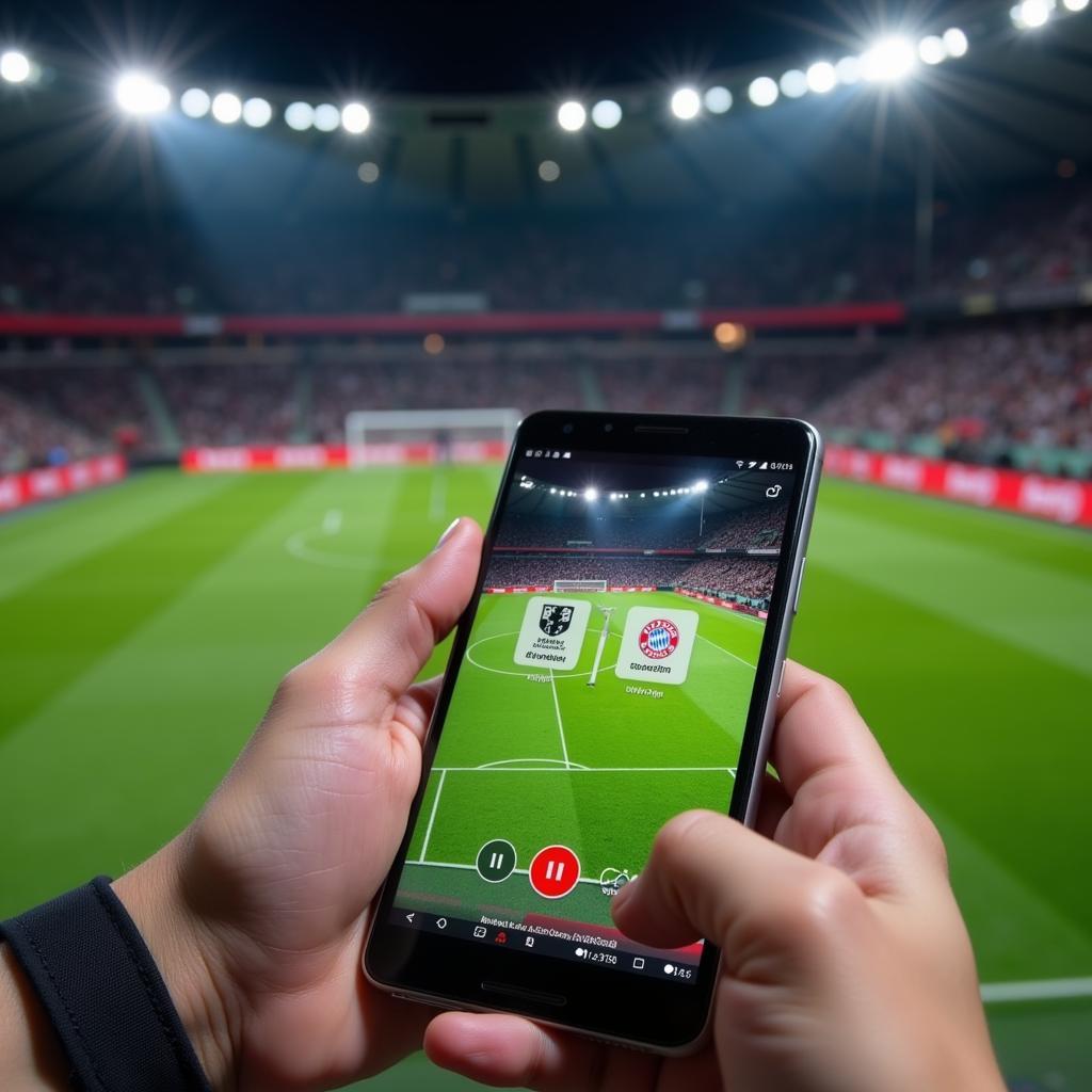 Eine Person verwendet eine mobile App, um das Spiel Bayer Leverkusen gegen FC Bayern München live im Radio zu hören.