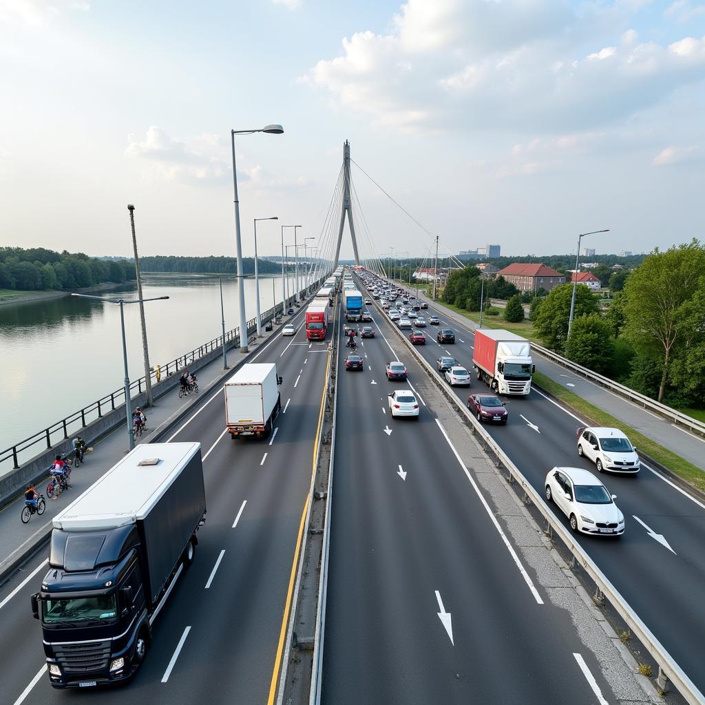 Verkehrsfluss auf der neuen Rheinbrücke Leverkusen