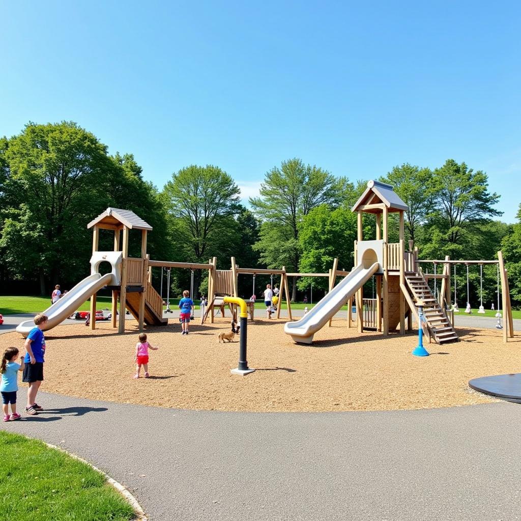 Neuland-Park Leverkusen: Kinder spielen auf einem großen, modernen Spielplatz mit Rutschen, Klettergerüsten und Schaukeln. Im Hintergrund grüne Bäume und blauer Himmel.