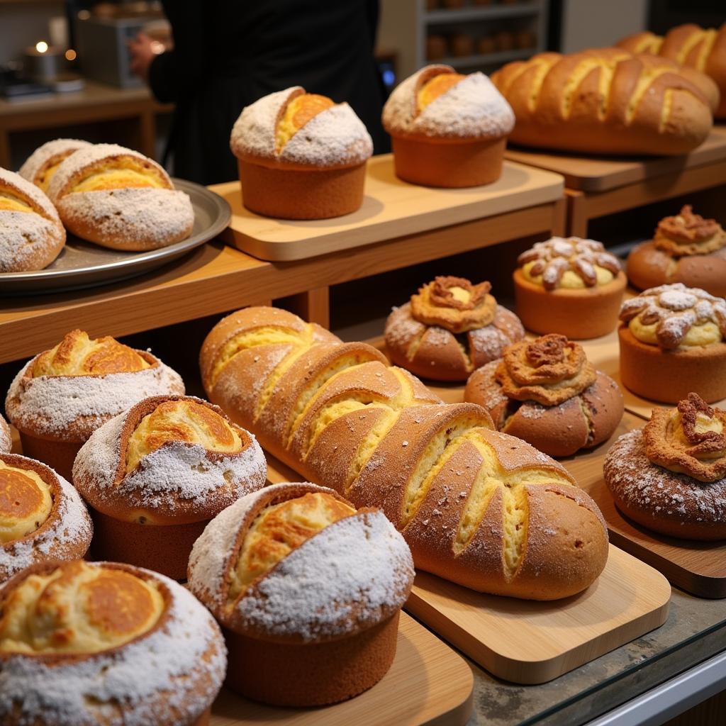 Frisch gebackenes Brot und Kuchen in der Auslage der Newzella Bäckerei in Leverkusen.