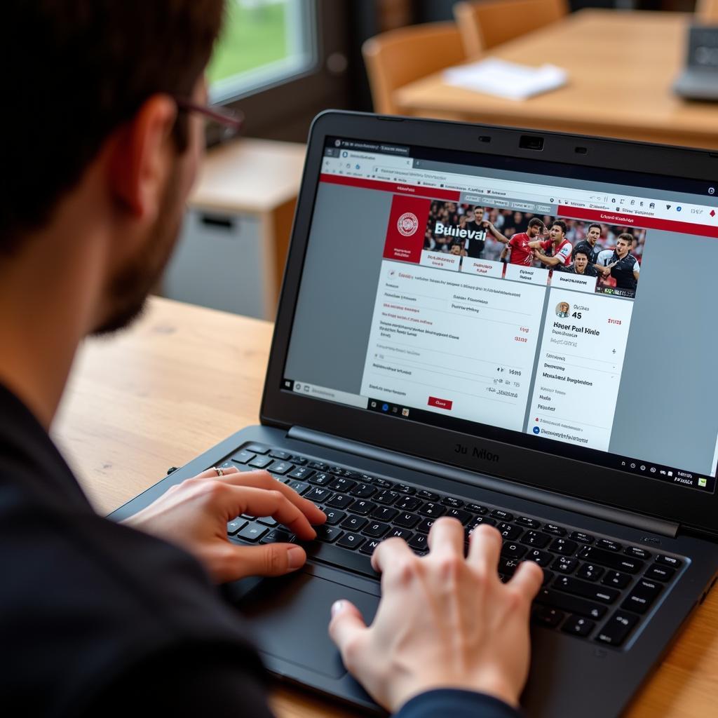 Online-Ticketshop von Bayer 04 Leverkusen: Eine Person kauft Tickets online über ihren Laptop. Im Hintergrund sieht man die Webseite des Ticketshops.