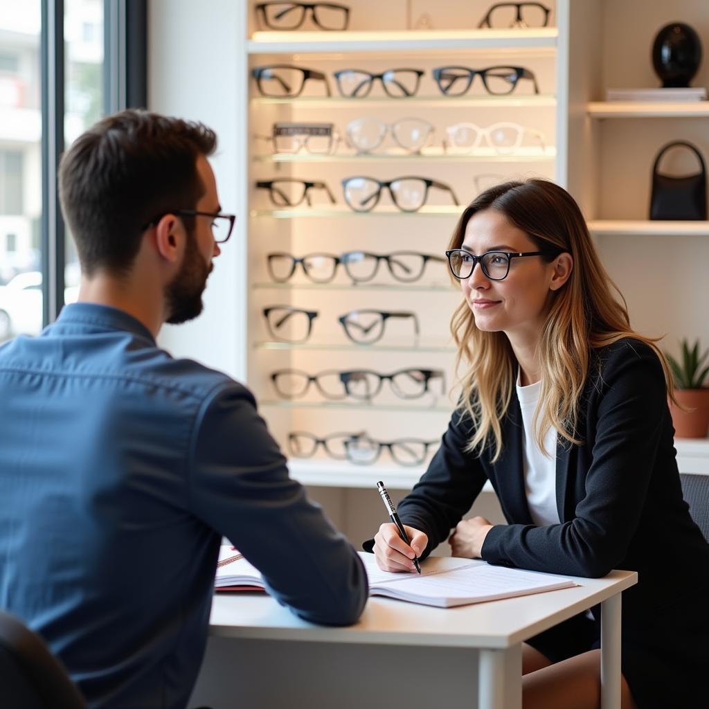 Ein Optiker berät einen Kunden in Leverkusen.