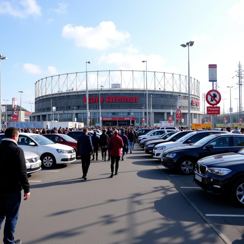 Parkplatzsituation an der BayArena während eines Fußballspiels