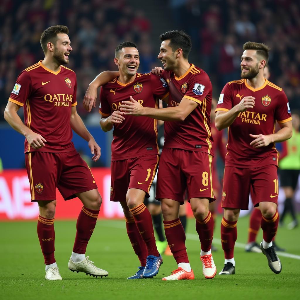 Roma-Spieler feiern den knappen Sieg im BayArena nach dem Hinspiel gegen Leverkusen.