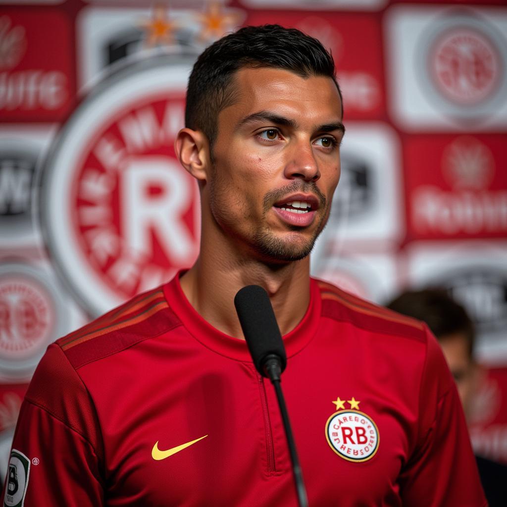 Cristiano Ronaldo wird im Trikot von Bayer Leverkusen präsentiert.