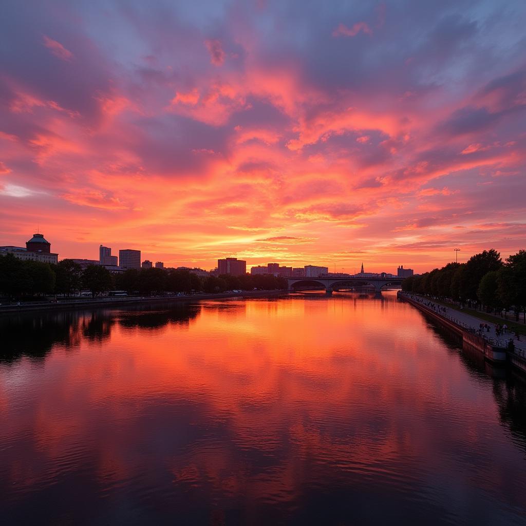 Sonnenuntergang über dem Rhein in Leverkusen