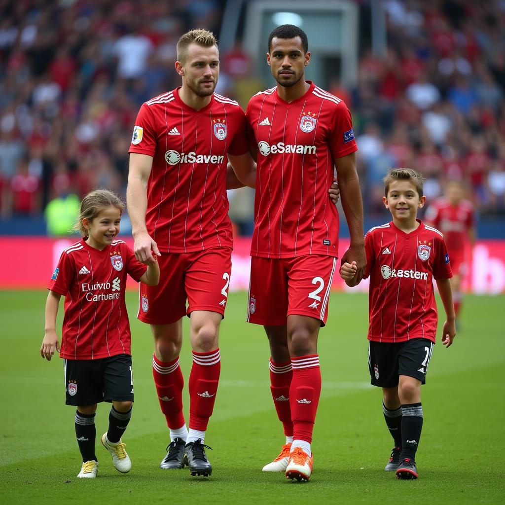 Spieler-Eskorte des Bayer Leverkusen mit Kindern