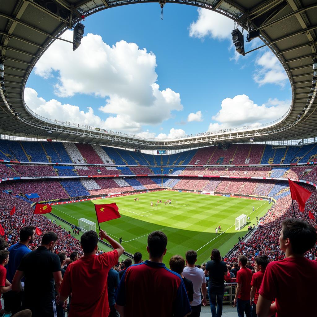 Fans von Ferencváros und Bayer Leverkusen im Stadion.