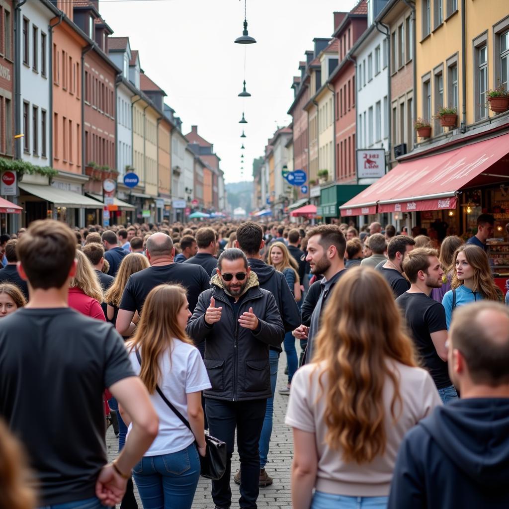 Straßenszene in Leverkusen mit Menschen verschiedener Herkunft, die gemeinsam das pulsierende Leben der Stadt genießen.