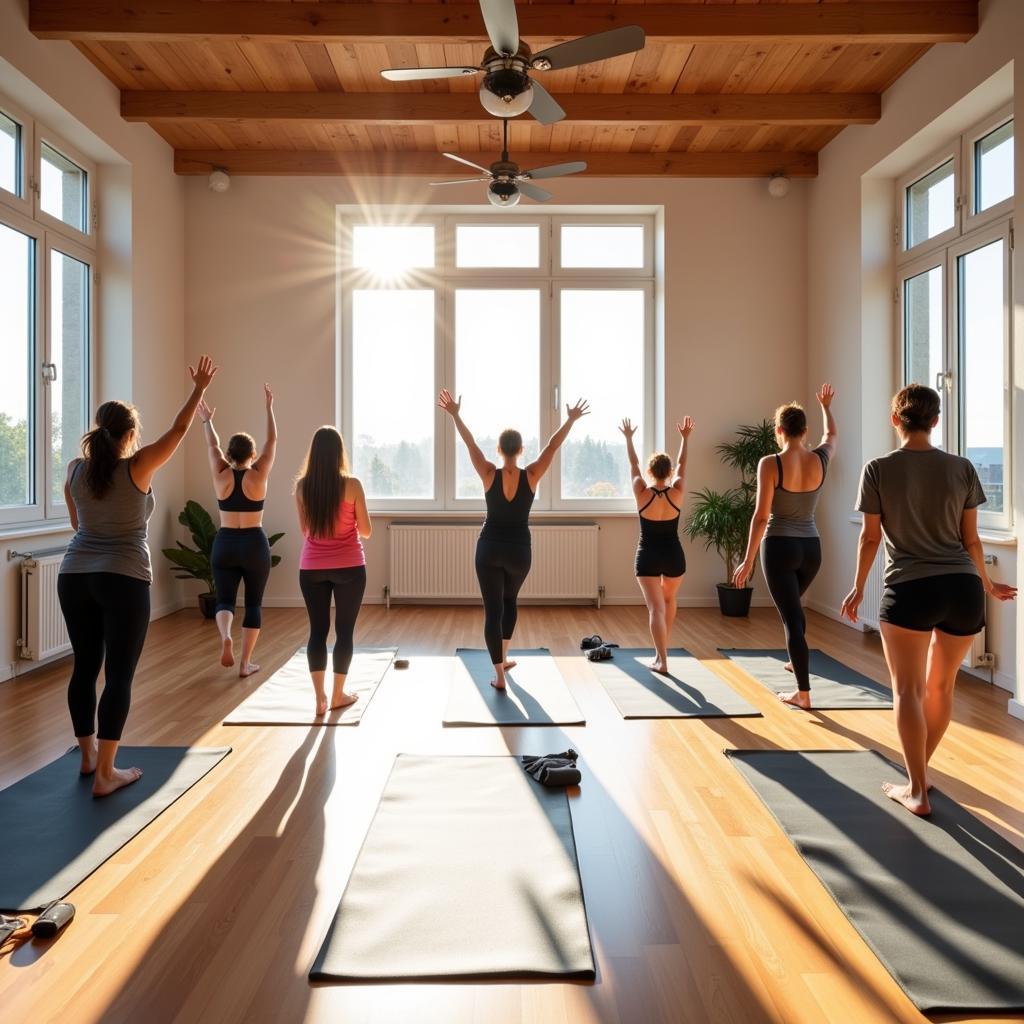 Sonnendurchflutetes Yoga-Studio in Leverkusen mit Teilnehmern in verschiedenen Asanas.