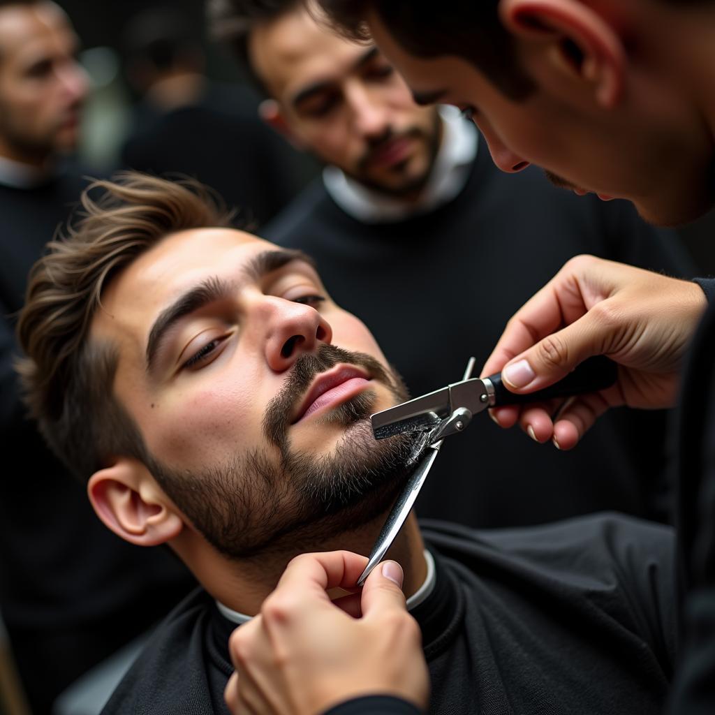 Traditionelle Bartpflege in Leverkusen: Ein Barbier pflegt den Bart eines Kunden mit einem Rasiermesser.