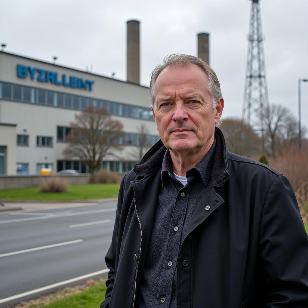 Günter Wallraff vor den Bayer-Werken in Leverkusen