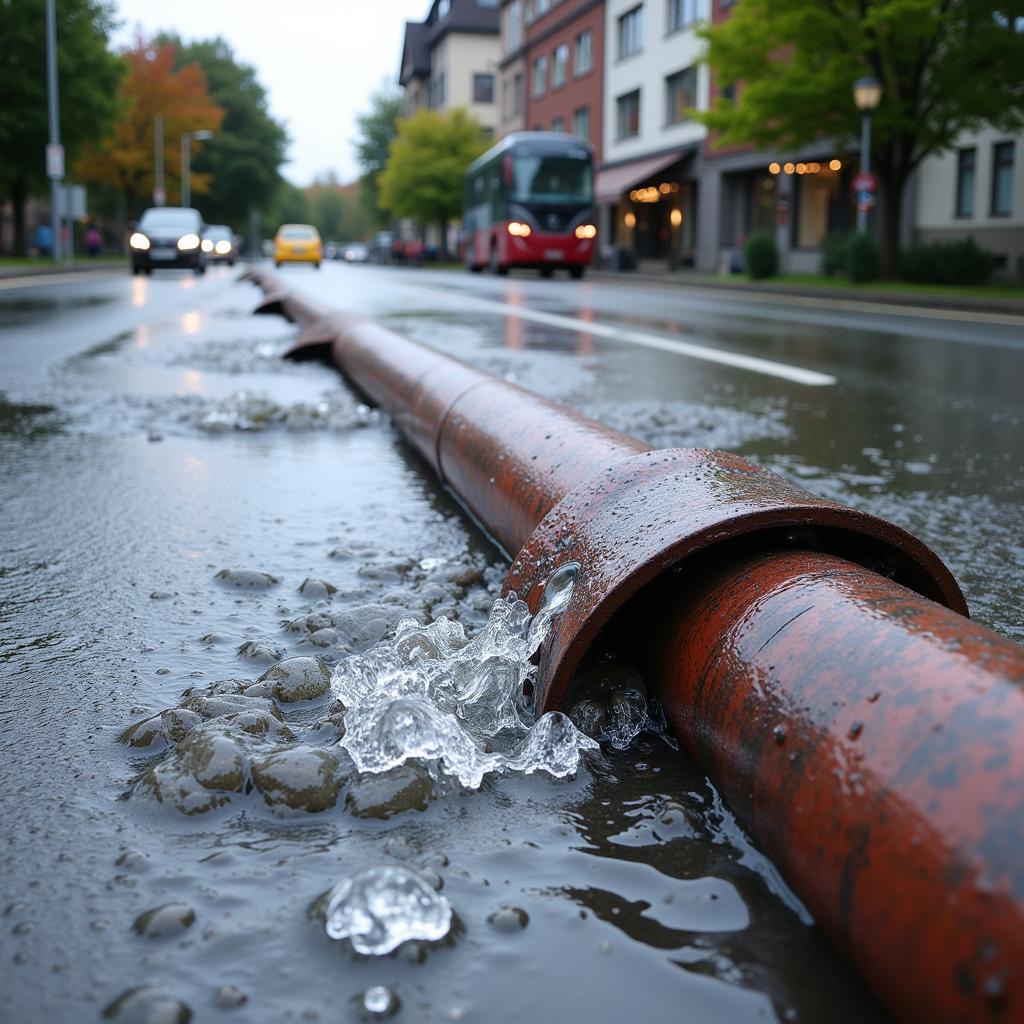 Wasserrohrbruch in der Straße in Leverkusen