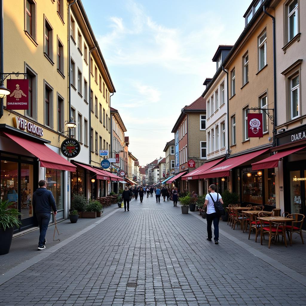 Die belebte Fußgängerzone in Wiesdorf mit ihren Geschäften und Cafés.