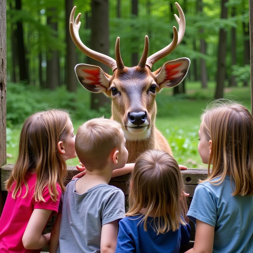 Wildpark Reuschenberg: Kinder beobachten neugierig ein Dammwild durch den Zaun, im Hintergrund der Wald.