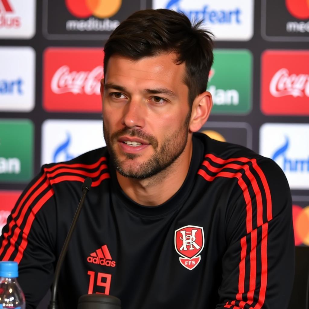 Xabi Alonso in einer Pressekonferenz in Leverkusen