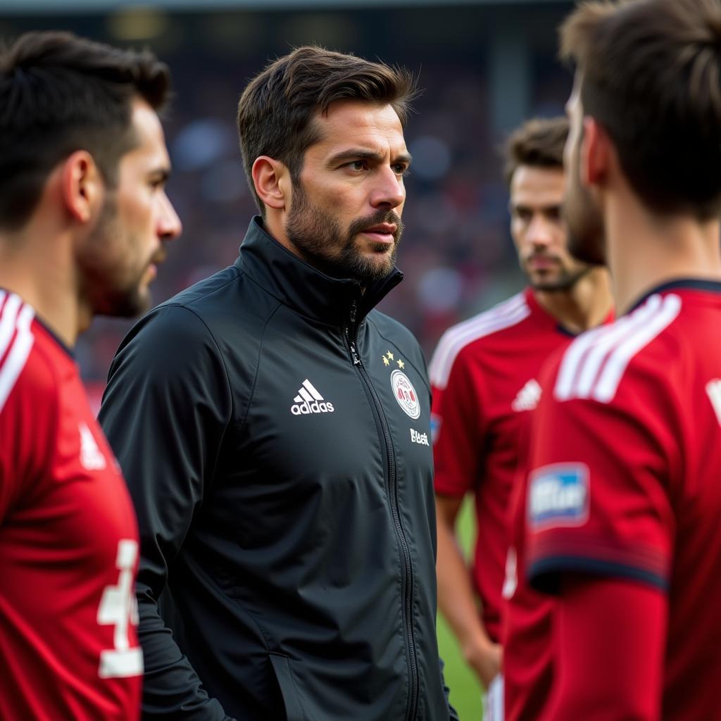 Xabi Alonso bei einer Taktikbesprechung mit Bayer Leverkusen Spielern.