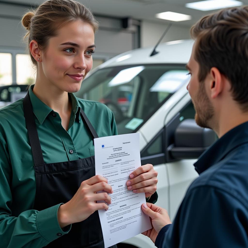 Mitarbeiter von Autoschilder Göcer Leverkusen helfen einem Kunden bei der Fahrzeuganmeldung.