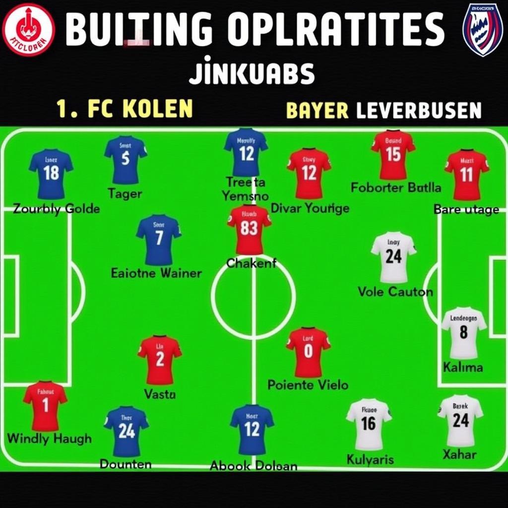 Mögliche Aufstellungen für das Spiel 1. FC Köln gegen Bayer Leverkusen. Die Grafik zeigt die voraussichtlichen Formationen und Spieler beider Mannschaften.