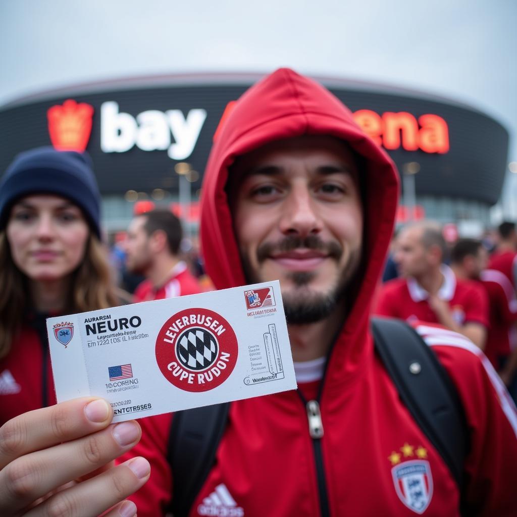 Fan mit 9-Euro-Ticket vor der BayArena