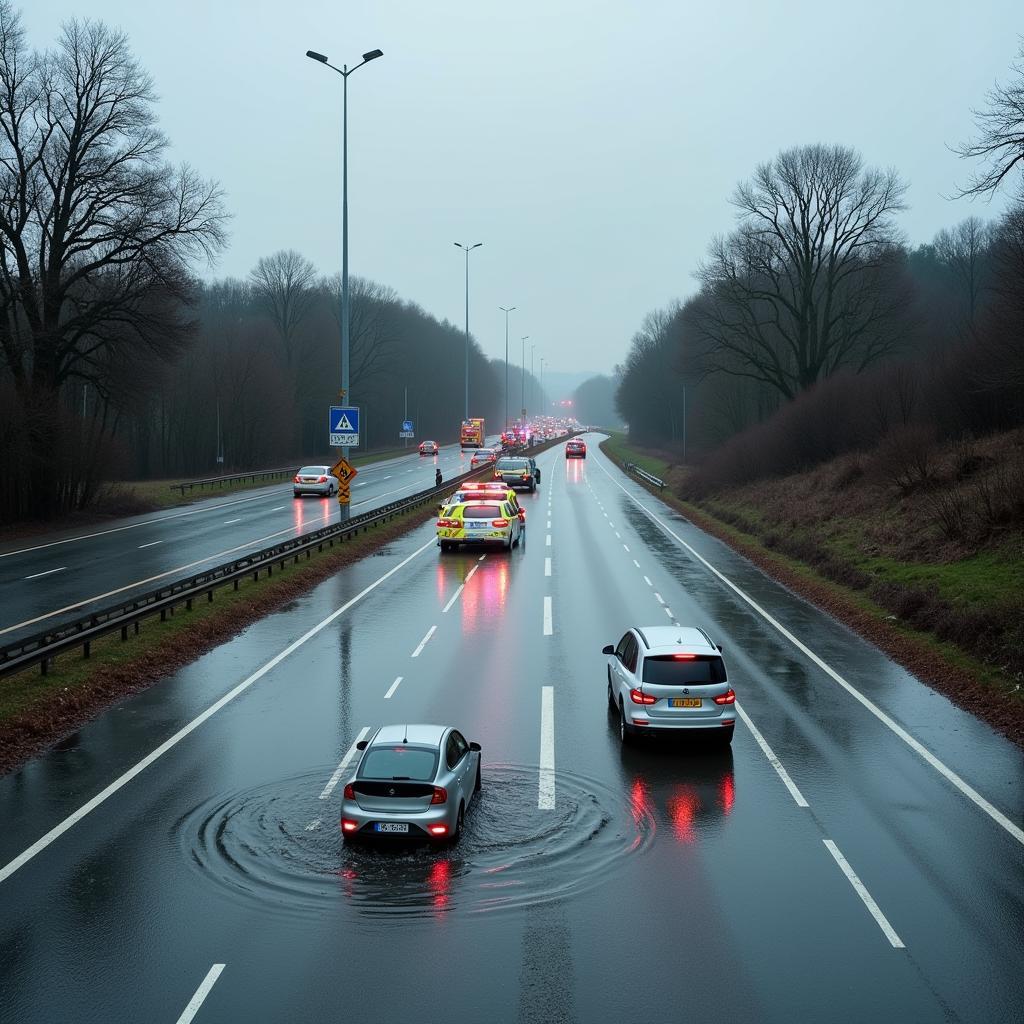 Überschwemmte Autobahn A1 bei Leverkusen: Wassermassen bedecken die Fahrbahn und verursachen erhebliche Verkehrsbehinderungen. Rettungskräfte sind im Einsatz.