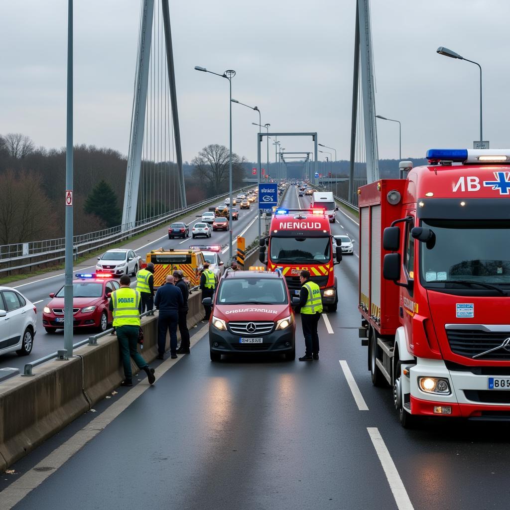 Rettungsdienst im Einsatz nach einem Unfall auf der A1 Leverkusener Brücke