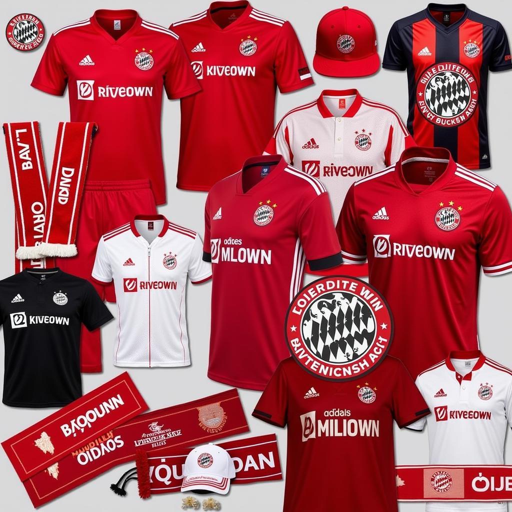 Eine Auswahl an Fanartikeln von Bayer Leverkusen, hergestellt von adidas, wie Trikots, Schals und Mützen.