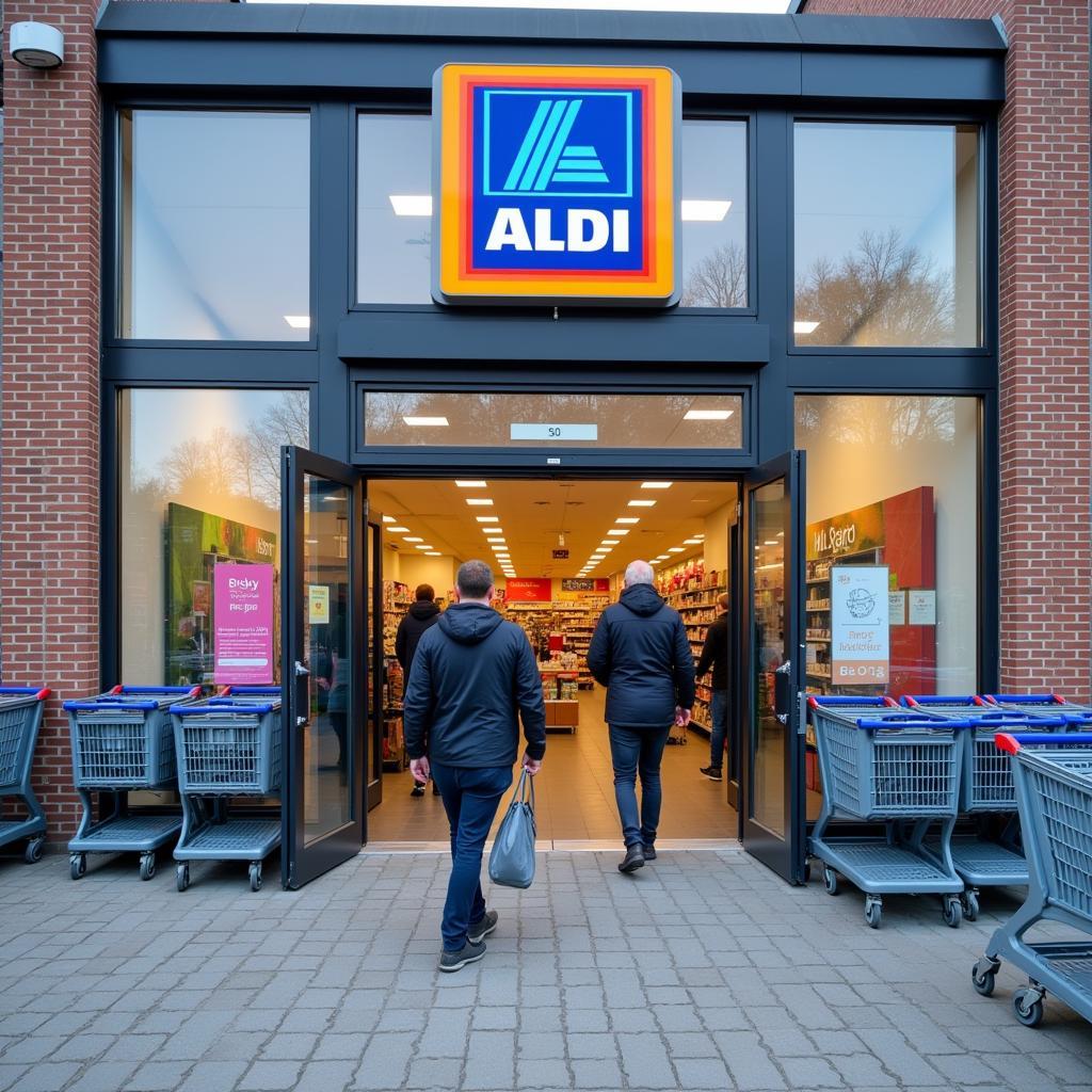 Eingangsbereich eines Aldi-Marktes in Leverkusen Opladen mit Einkaufswagen und Kunden.