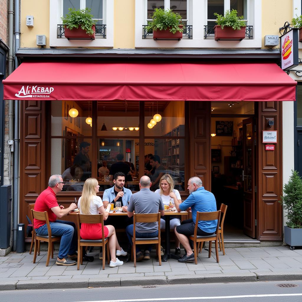 Außenansicht des Ali Kebap Haus in Leverkusen mit Gästen, die draußen sitzen und Döner essen.