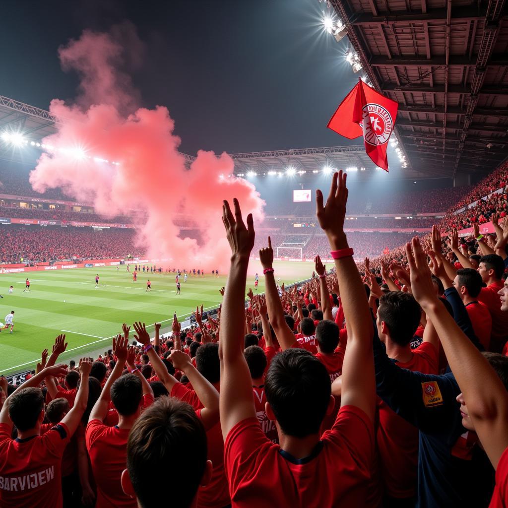 Fans des Bayer 04 Leverkusen feiern in der BayArena