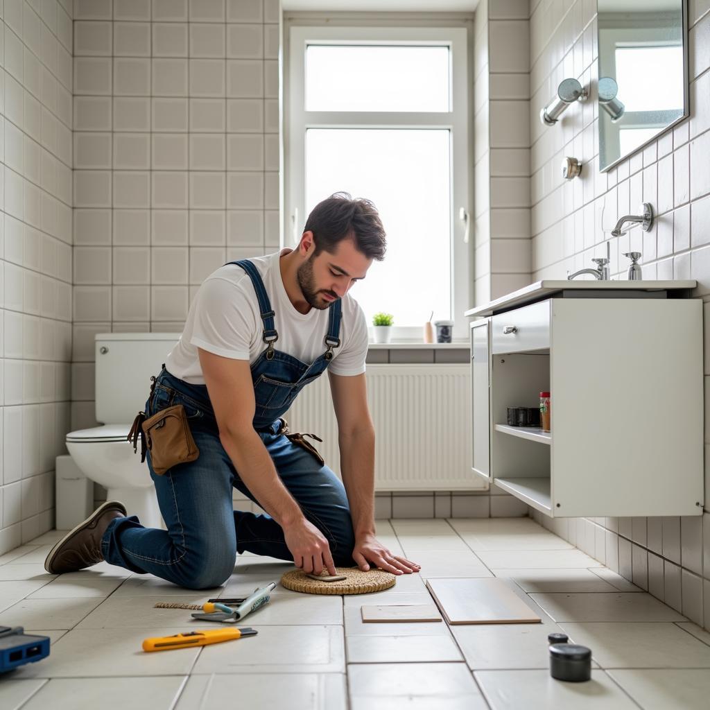 Allroundhandwerker verlegt Fliesen in einem Badezimmer in Leverkusen