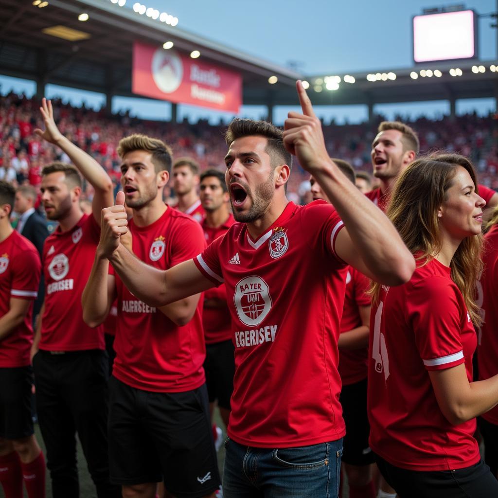 Angela Güsgen und Bayer 04 Leverkusen Fans: Eine Gruppe von Fans im Stadion bei einem Bayer 04 Leverkusen Spiel.