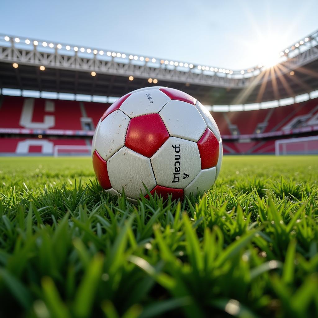 Angelika Küller und Leverkusen Fußball: Ein Fußball liegt auf einem Rasenplatz mit dem Bayer 04 Stadion im Hintergrund.