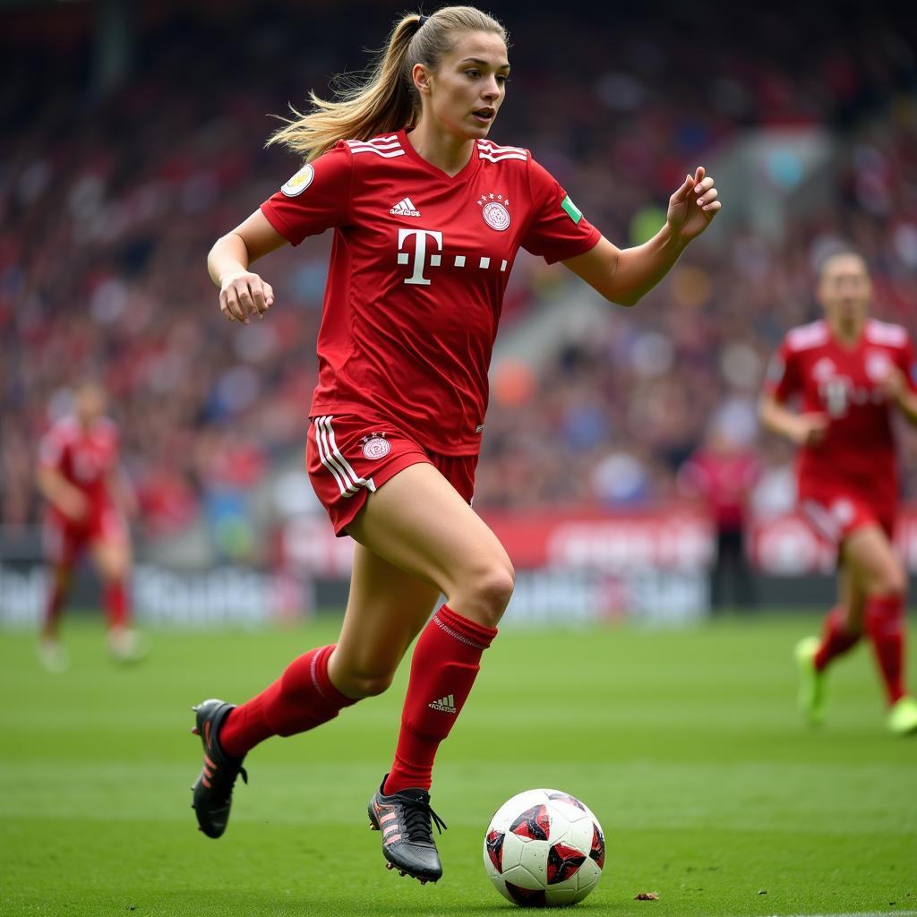 Angelique Leverkusen in Aktion während eines Bundesliga-Spiels.  Sie dominiert das Mittelfeld und führt ihr Team zum Sieg.