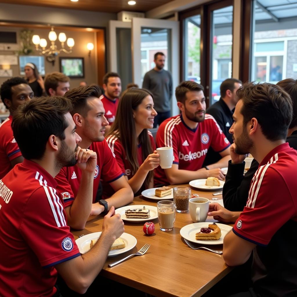 Treffpunkt für Fußballfans bei Anitas KaffeeBud in Leverkusen. Leverkusen Fans genießen Kaffee und Kuchen vor dem Spiel.