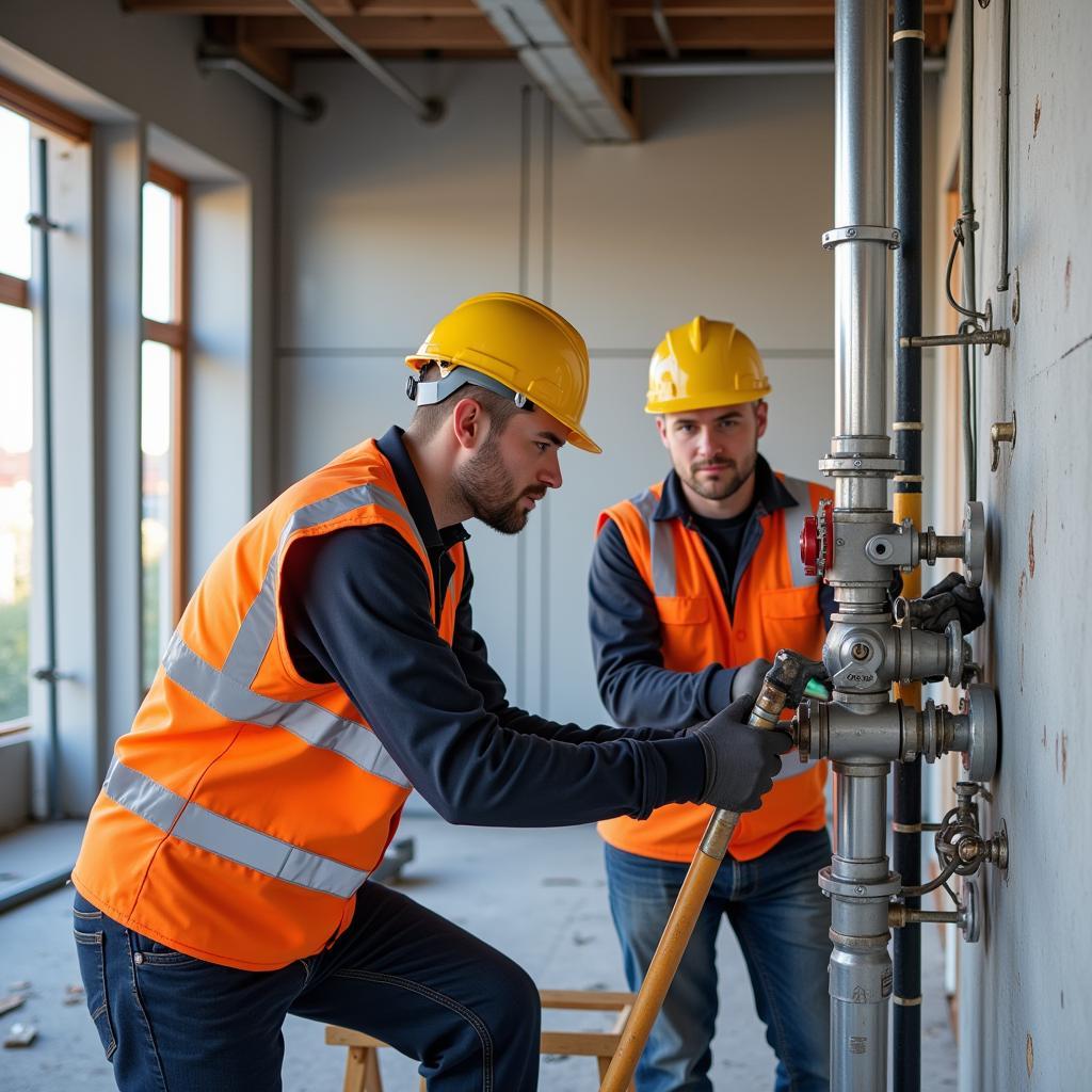 Ein Anlagenmechaniker arbeitet an Rohrleitungen in Leverkusen