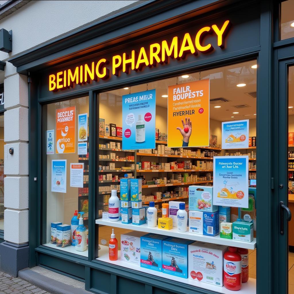 Auslage einer Apotheke in Leverkusen Küppersteg mit verschiedenen Produkten